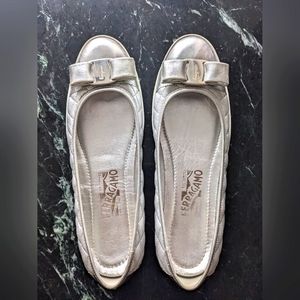 Salvatore Ferragamo Rufina Silver Quilted Ballet Flats Vara Bow